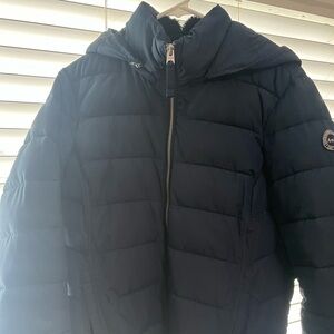 Navy Hooded Puffer Jacket with Logo Patch